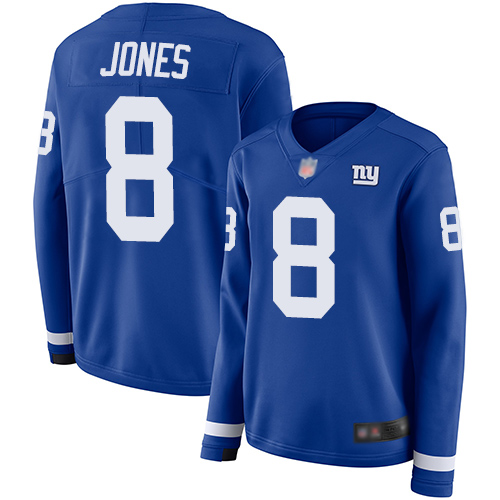 Giants #8 Daniel Jones Royal Blue Team Color Women's Stitched Limited Therma Long Sleeve Jersey