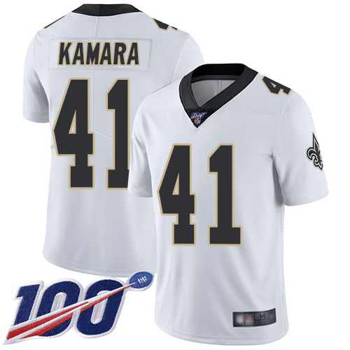 Saints #41 Alvin Kamara White Men's Stitched 100th Season Vapor Limited Jersey