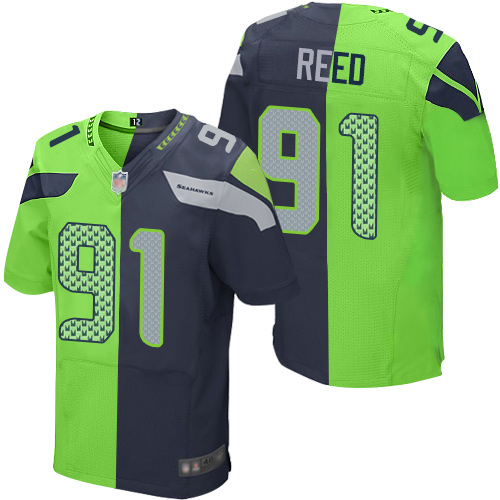 Seattle Seahawks #91 Jarran Reed Steel Blue/Green Men's Stitched Elite Split Jersey Men's