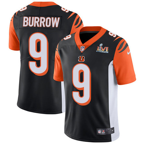 Bengals #9 Joe Burrow Black Team Color Super Bowl LVI Patch Men's Stitched Vapor Untouchable Limited Jersey