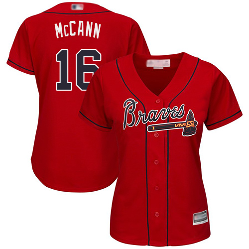 Atlanta Braves #16 Brian McCann Red Alternate Women's Stitched Jersey Womens