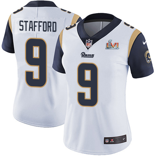 Rams #9 Matthew Stafford White Super Bowl LVI Patch Women's Stitched Vapor Untouchable Limited Jersey