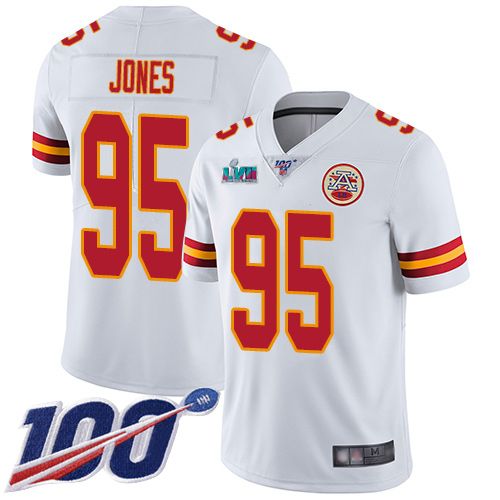 Chiefs #95 Chris Jones White Super Bowl LVII Patch Men's Stitched 100th Season Vapor Limited Jersey