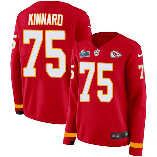 Chiefs #75 Darian Kinnard Red Team Color Super Bowl LVII Patch Women's Stitched Limited Therma Long Sleeve Jersey