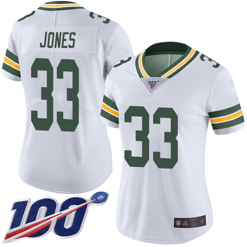 Packers #33 Aaron Jones White Women's Stitched 100th Season Vapor Limited Jersey