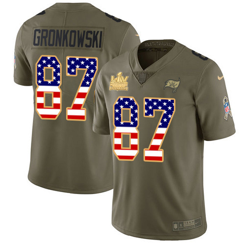 Buccaneers #87 Rob Gronkowski Olive/USA Flag Men's Super Bowl LV Champions Patch Stitched Limited 2017 Salute To Service Jersey