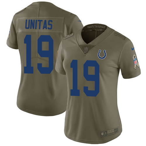 Indianapolis Colts #19 Johnny Unitas Olive Women's Stitched Limited 2017 Salute to Service Jersey Womens