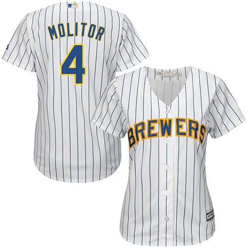 Milwaukee Brewers #4 Paul Molitor White Strip Home Women's Stitched Jersey Womens
