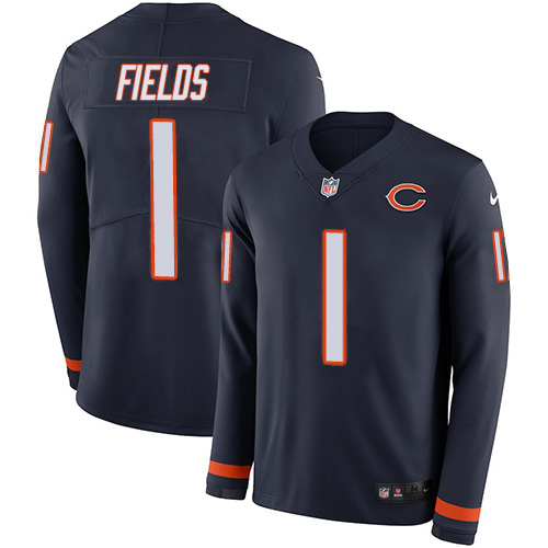 Bears #1 Justin Fields Navy Blue Team Color Youth Stitched Limited Therma Long Sleeve Jersey