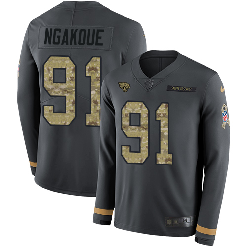Jacksonville Jaguars #91 Yannick Ngakoue Anthracite Salute to Service Youth Stitched Limited Therma Long Sleeve Jersey Youth