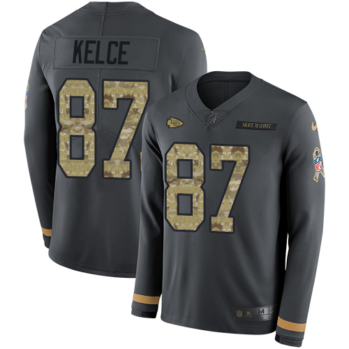 Chiefs #87 Travis Kelce Anthracite Salute To Service Youth Stitched Limited Therma Long Sleeve Jersey