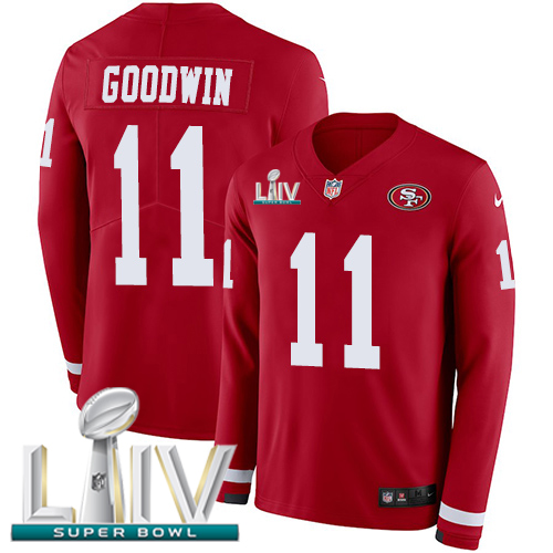 San Francisco 49ers #11 Marquise Goodwin Red Super Bowl LIV 2020 Team Color Men's Stitched Limited Therma Long Sleeve Jersey Men's