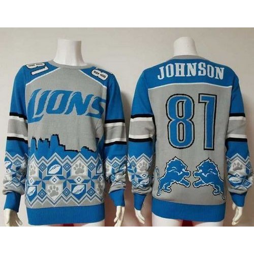 Detroit Lions #81 Calvin Johnson Blue/Grey Men's Ugly Sweater Men's