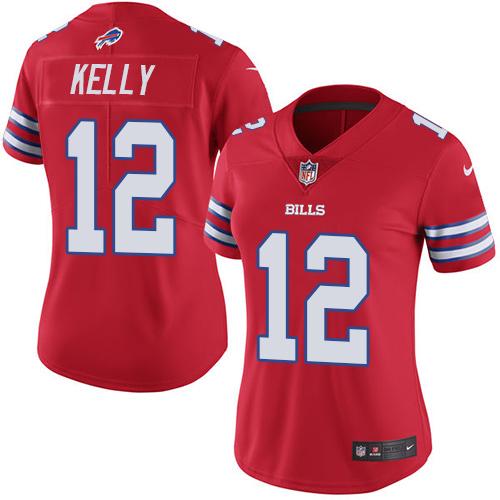 Bills #12 Jim Kelly Red Women's Stitched Limited Rush Jersey