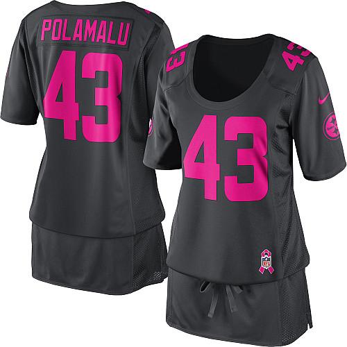 Steelers #43 Troy Polamalu Dark Grey Women's Breast Cancer Awareness Stitched Elite Jersey