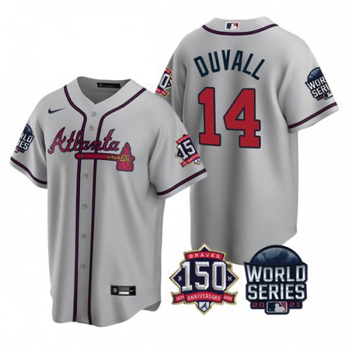 Atlanta Atlanta Braves #14 Adam Duvall Men's 150th Anniversary 2021 World Series Game Jersey - Grey Men's