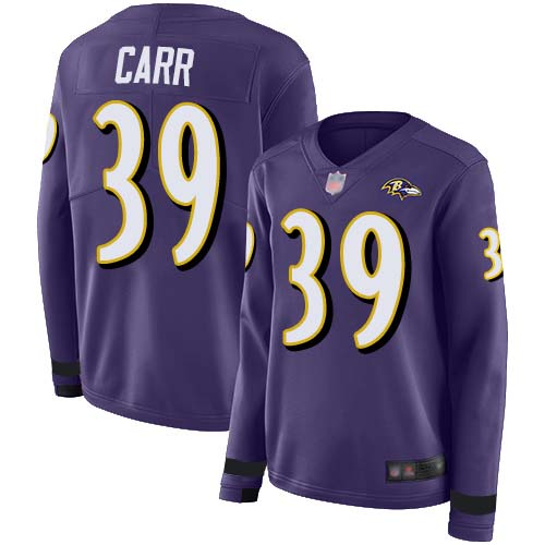 Baltimore Ravens #39 Brandon Carr Purple Team Color Women's Stitched Limited Therma Long Sleeve Jersey Womens
