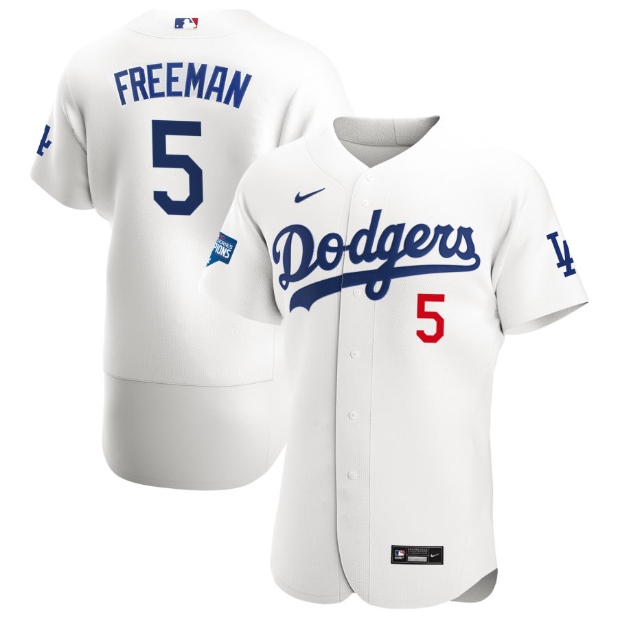 Los Angeles Dodgers #5 Freddie Freeman Men's White Home 2020 World Series Champions Authentic Player Jersey