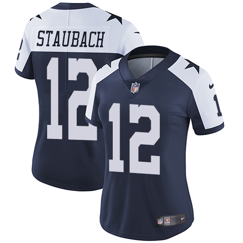 Cowboys #12 Roger Staubach Navy Blue Thanksgiving Women's Stitched Vapor Untouchable Limited Throwback Jersey