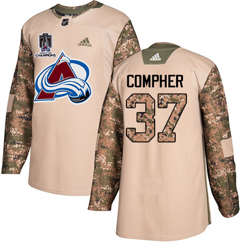 Adidas Colorado Avalanche #37 J.T. Compher Camo Authentic Youth 2022 Stanley Cup Champions Veterans Day Stitched Jersey Youth