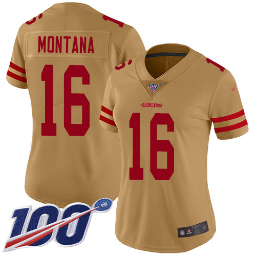 49ers #16 Joe Montana Gold Women's Stitched Limited Inverted Legend 100th Season Jersey