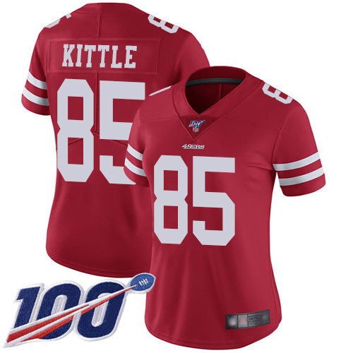 49ers #85 George Kittle Red Team Color Women's Stitched 100th Season Vapor Limited Jersey