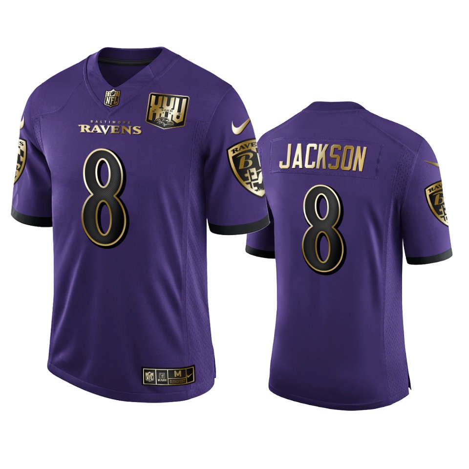 Baltimore Ravens #8 Lamar Jackson Men's Purple Team 25th Season Golden Limited Jersey