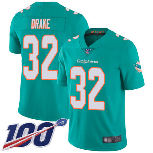 Miami Dolphins #32 Kenyan Drake Aqua Green Team Color Men's Stitched 100th Season Vapor Limited Jersey Men's