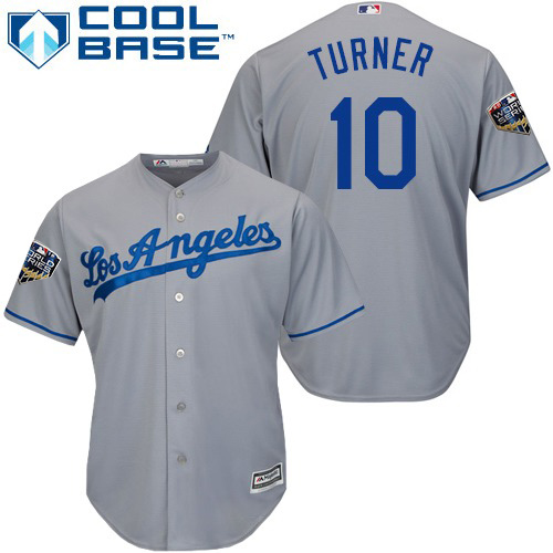 Los Angeles Dodgers #10 Justin Turner Grey Cool Base 2018 World Series Stitched Youth Jersey Youth