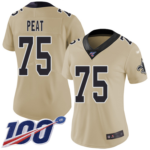 New Orleans Saints #75 Andrus Peat Gold Women's Stitched Limited Inverted Legend 100th Season Jersey Womens