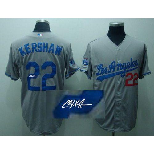 Los Angeles Dodgers #22 Clayton Kershaw Grey Cool Base Autographed Stitched Jersey Men's