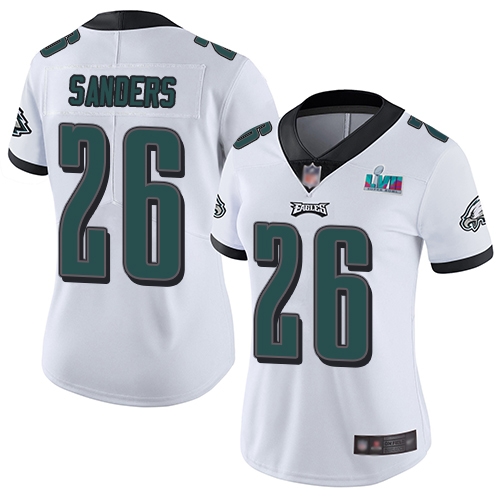 Eagles #26 Miles Sanders White Super Bowl LVII Patch Women's Stitched Vapor Untouchable Limited Jersey