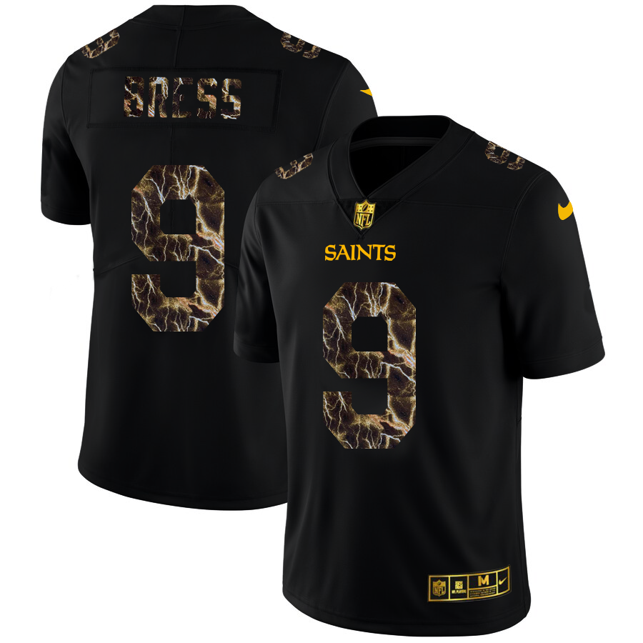 New Orleans Saints #9 Drew Brees Men's Black Flocked Lightning Vapor Limited Jersey