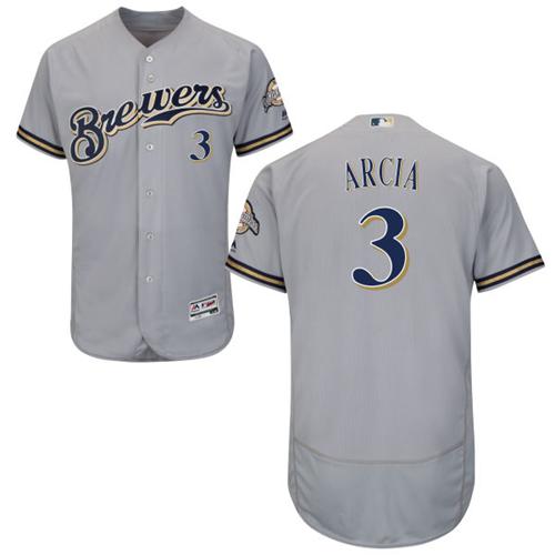 Milwaukee Brewers #3 Orlando Arcia Grey Flexbase Authentic Collection Stitched Jersey Men's