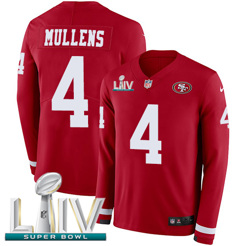 San Francisco 49ers #4 Nick Mullens Red Super Bowl LIV 2020 Team Color Youth Stitched Limited Therma Long Sleeve Jersey Youth