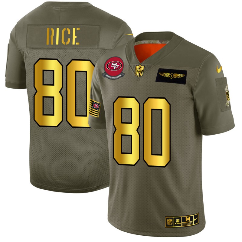 San Francisco 49ers #80 Jerry Rice Men's Olive Gold 2019 Salute To Service Limited Jersey