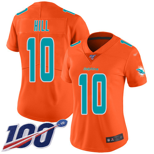 Dolphins #10 Tyreek Hill Orange Women's Stitched Limited Inverted Legend 100th Season Jersey