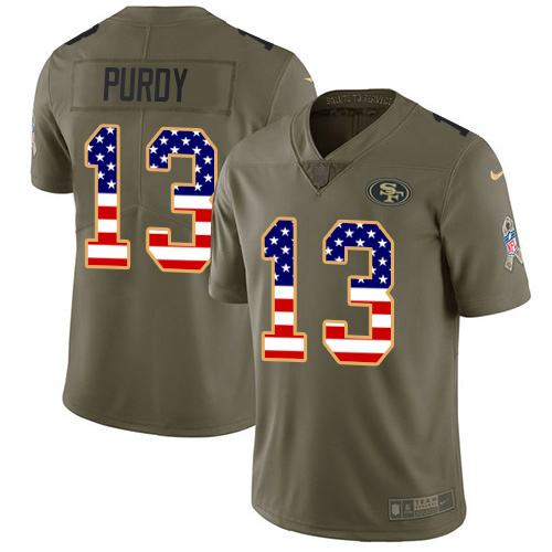 49ers #13 Brock Purdy Olive/USA Flag Youth Stitched Limited 2017 Salute To Service Jersey