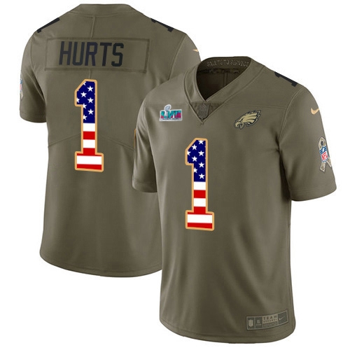 Eagles #1 Jalen Hurts Olive/USA Flag Super Bowl LVII Patch Men's Stitched Limited 2017 Salute To Service Jersey