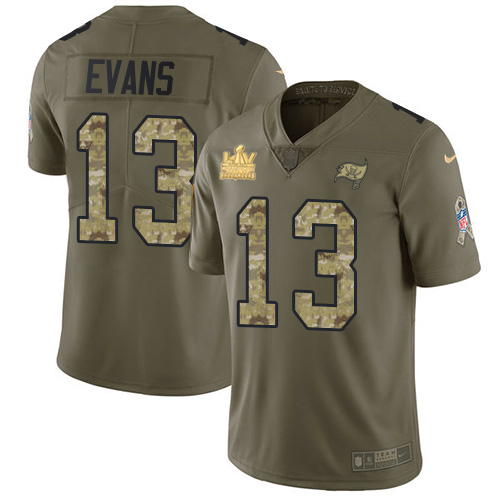 Buccaneers #13 Mike Evans Olive/Camo Youth Super Bowl LV Champions Patch Stitched Limited 2017 Salute To Service Jersey