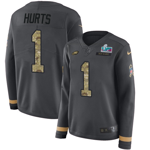 Eagles #1 Jalen Hurts Anthracite Super Bowl LVII Patch Salute To Service Women's Stitched Limited Therma Long Sleeve Jersey