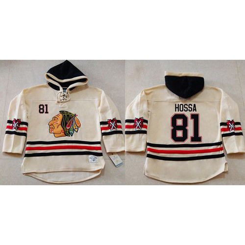Chicago Blackhawks #81 Marian Hossa Cream Heavyweight Pullover Hoodie Stitched Jersey Men's