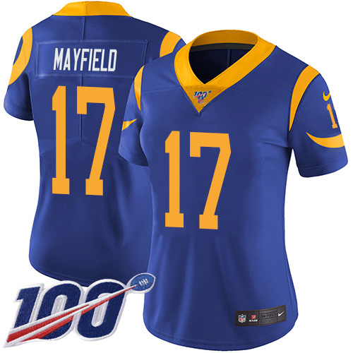 Rams #17 Baker Mayfield Royal Blue Alternate Women's Stitched 100th Season Vapor Untouchable Limited Jersey