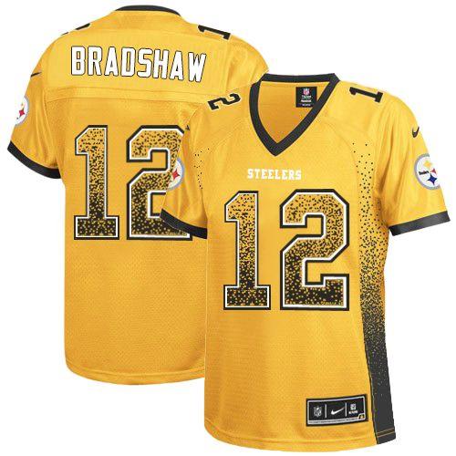Steelers #12 Terry Bradshaw Gold Women's Stitched Elite Drift Fashion Jersey