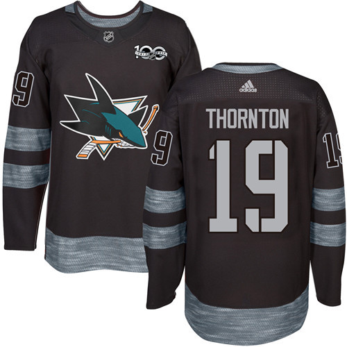 Adidas San Jose Sharks #19 Joe Thornton Black 1917-2017 100th Anniversary Stitched Jersey Men's