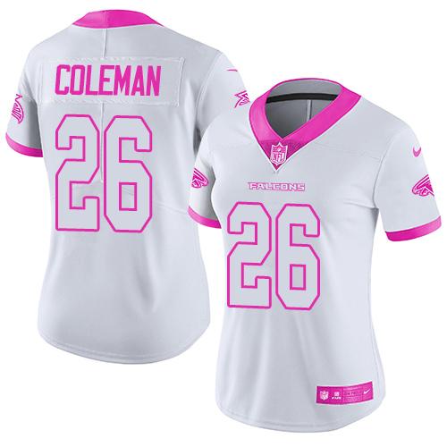Atlanta Falcons #26 Tevin Coleman White/Pink Women's Stitched Limited Rush Fashion Jersey Womens