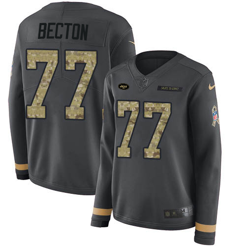 New York Jets #77 Mekhi Becton Anthracite Salute to Service Women's Stitched Limited Therma Long Sleeve Jersey Womens