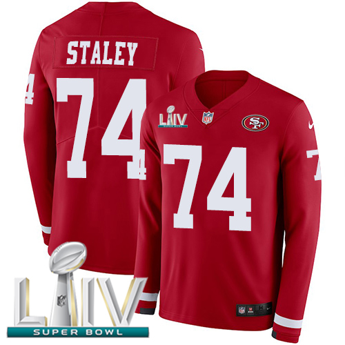 San Francisco 49ers #74 Joe Staley Red Super Bowl LIV 2020 Team Color Men's Stitched Limited Therma Long Sleeve Jersey Men's