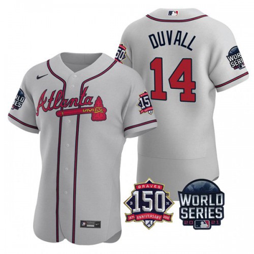 Atlanta Atlanta Braves #14 Adam Duvall Men's 150th Anniversary 2021 World Series Authentic Jersey - Grey Men's