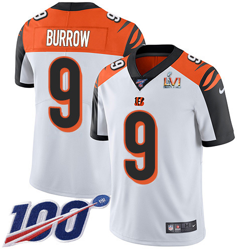 Bengals #9 Joe Burrow White Super Bowl LVI Patch Youth Stitched 100th Season Vapor Limited Jersey